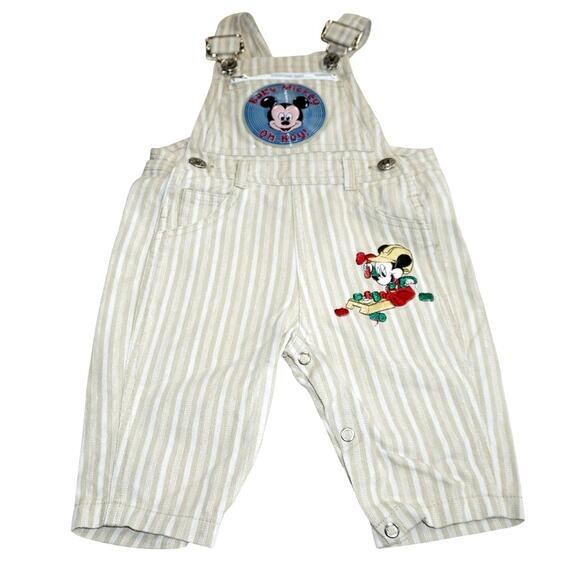 Vintage Disney Baby Mickey Striped Overalls 6–9 M– 100% Cotton 90s Collectible - Picture 1 of 5